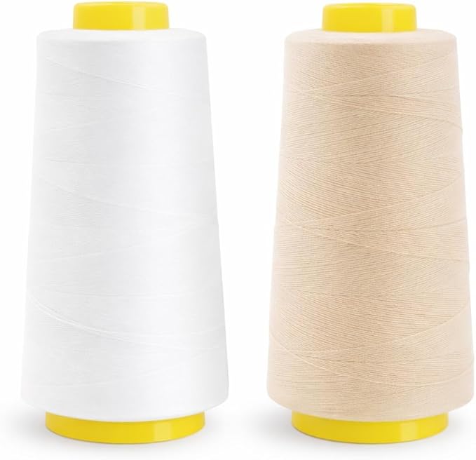 Mandala Crafts White and Cream Thread Cones for Machine and Hand Quilting - 4800 Yds 50 WT Multiple Purpose Mercerized 100% Cotton Threads for Sewing Machine Serger Embroidery