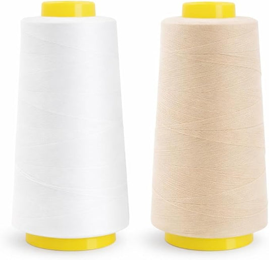 Mandala Crafts White and Cream Thread Cones for Machine and Hand Quilting - 4800 Yds 50 WT Multiple Purpose Mercerized 100% Cotton Threads for Sewing Machine Serger Embroidery
