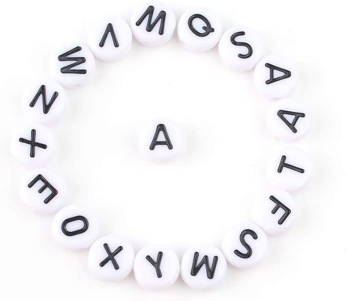 Song Xi 1200pcs White Round Acrylic Alphabet Beads - Black Letter Beads 4x7mm for Bracelets and Jewelry Making Key Chains