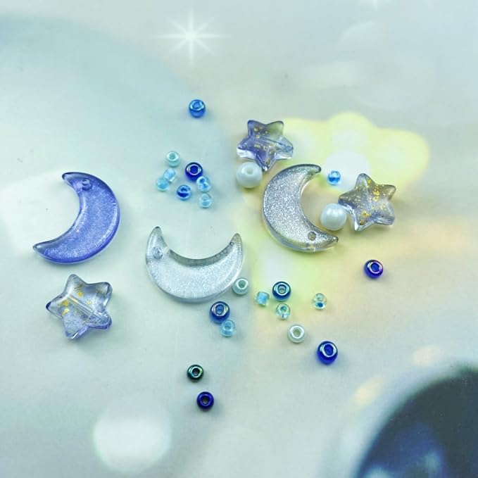 Assorted Glass Beads for Jewelry Making Multi Size Colors Glass Star Moon Seed Pearl Spacer Beads for Bracelets Necklace Earring Making(White Blue)