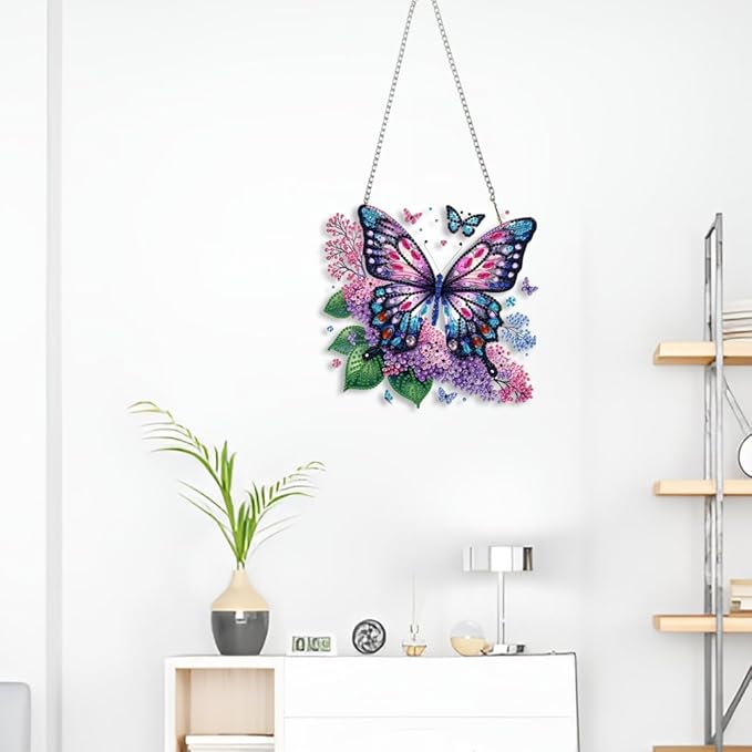STGLCR Butterfly Diamond Art Hanging Kit for Adult,Special Shaped DIY Acrylic 5D Flowers Diamond Art Painting Window Pendants Home Garden Wall Hanging Kits Hanging Ornament 7.8inch Purple Foral