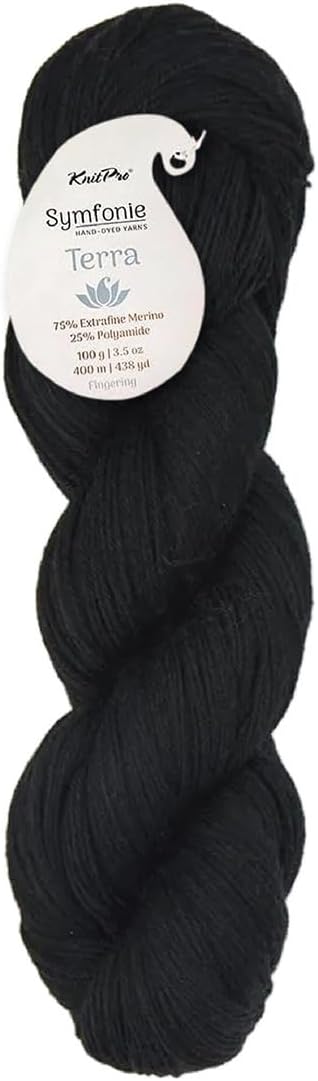 KnitPro Symfonie Fingering Weight Hand Dyed Semi-Solid Yarn Skein | Extra Fine Merino Wool & Polyamide Blend for Knitting & Crocheting, Oeko-TEX Certified 400m, 100g | Terra Jet Black
