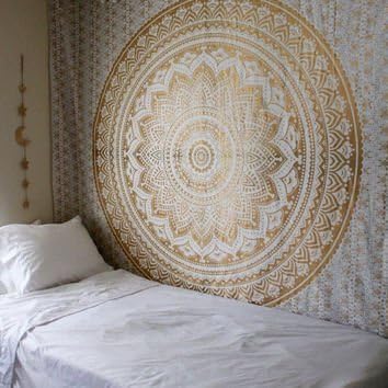 popular handicrafts tapestry wall hanging ombre hippie mandala bohemian hippy metallic shine intricate indian tapestries bedspread 90 x 108 inches (230cm x 270cm) gold