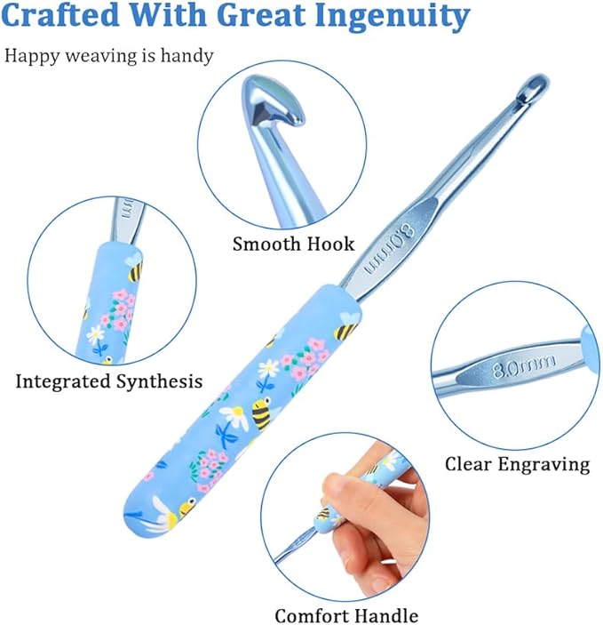 Blingcute Ergonomic Crochet Hooks Set – 12 Sizes (2.0mm–8.0mm), Soft Grip Handles with Smooth Aluminum Needles, Portable Case, Comfortable Crochet Kit for Long-Time Crocheting & Arthritic Hands