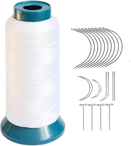 Hair Weaving Thread with C/J/I/T Needles 1500 Yards 210 D Strength Polyester Thread Sewing Thread for Making Wigs Hair Extension Kit (White)
