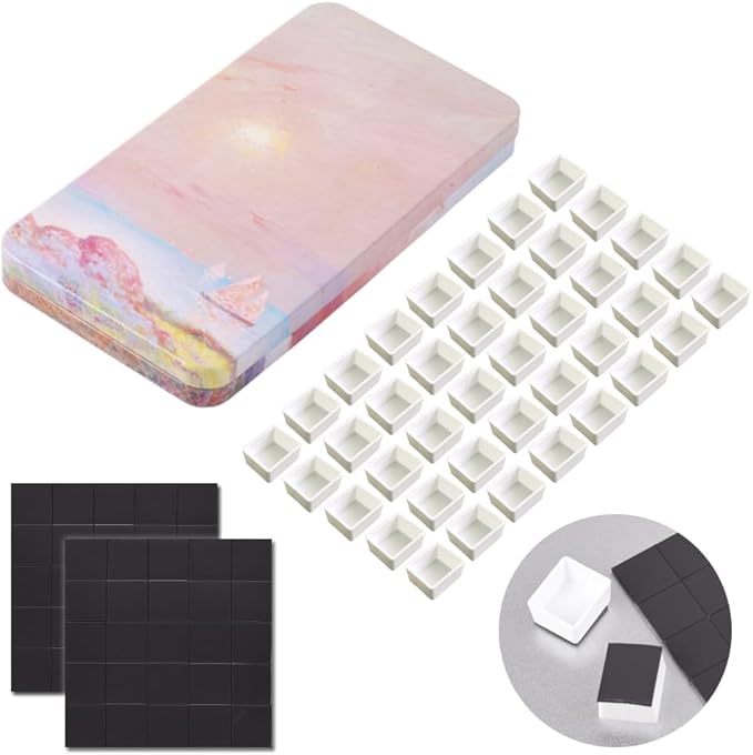 40Pcs Empty Half Pans with Magnetic Stripe Watercolor Paint Travel Tin Palette Case, Artist Paints Half Pan Kits for DIY Watercolor Oils or Acrylics Painting Art Drawing Pink Sunset