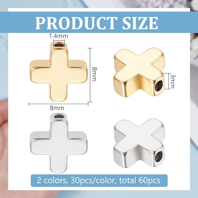 BENECREAT 60Pcs 18K Gold Plated & Platinum Plated Cross Spacer Bead, Brass Crucifix Beads Metal Loose Spacer Beads Jewelry Findings for Earring Bracelet Necklace Jewelry Making