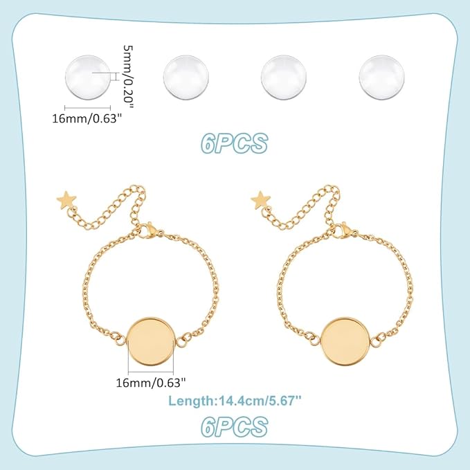 UNICRAFTALE 6 Sets Bracelet Bezel Settings Stainless Steel Bezel Bracelets Bracelets Blanks Adjustable Blank Tray Bangle Settings with Round Cabochon Gold Bezel Trays for Bracelet Making 14.4cm Long