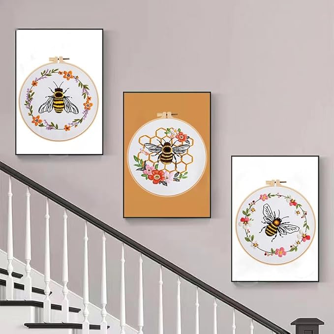 konrisa embroidery kits for adults beginner, european style bees collect honey stamped embroidery starter kit,diy sewing practice, needlepoint cross stitch kit,set of 3