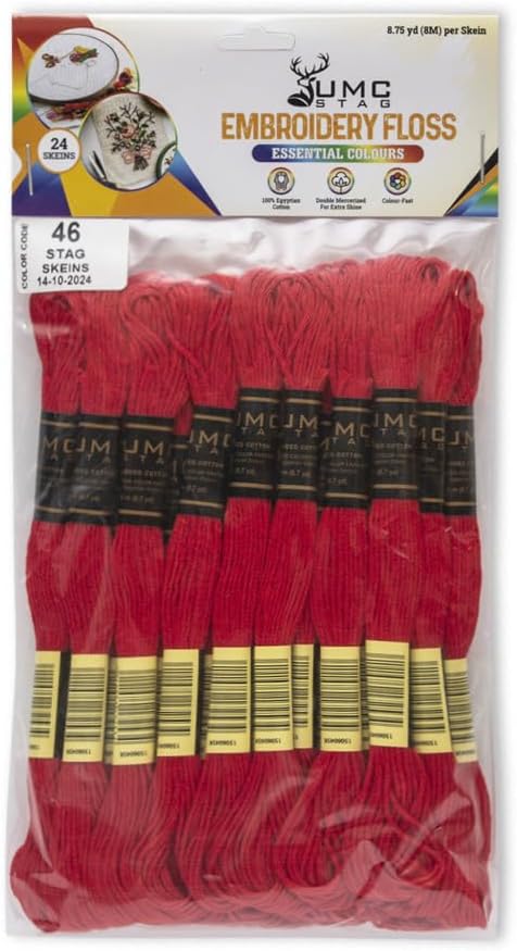 Pack of 50 Popular Colours Premium Embroidery Thread | 100% Egyptian Cotton Premium Skeins | Cross Stitch Embroidery Floss | Oeko TEX Certified| (24, 24 Skeins Red)