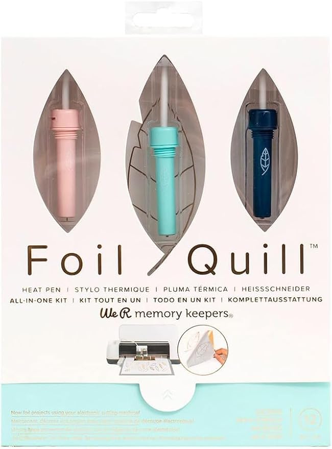 We R Memory Keepers, Foil Quill Starter Kit, Includes 3 Pens, 4 Adaptors, 3 Foil Rolls, 1 Washi Tape Roll, 1 Protective Plate, Compatible with Most Die Cutting Machines, Create Foil Transfer Projects