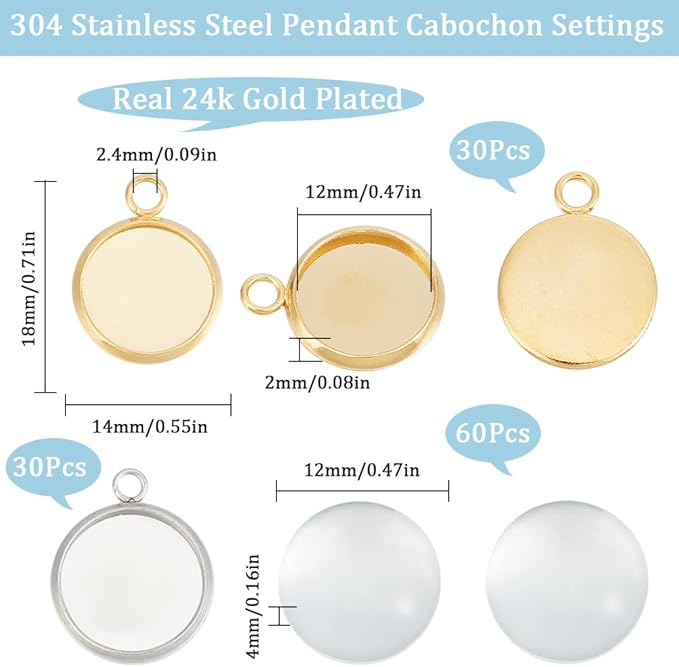 SUNNYCLUE 1 Box 120Pcs Blank Dome Pendant Making Kit Cabochon Settings Bezel Pendant Blanks Memorial Photo Charm Transparent Glass Cabochons with Round Pendant Trays for Jewelry Making DIY Findings