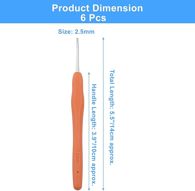 suiwotin 6pcs 2.5mm Crochet Hook, US Size C (Size 2) Aluminum Crochet Hook Set, Rubber Handle Ergonomic Knitting Needles for Yarn DIY Crafts Projects
