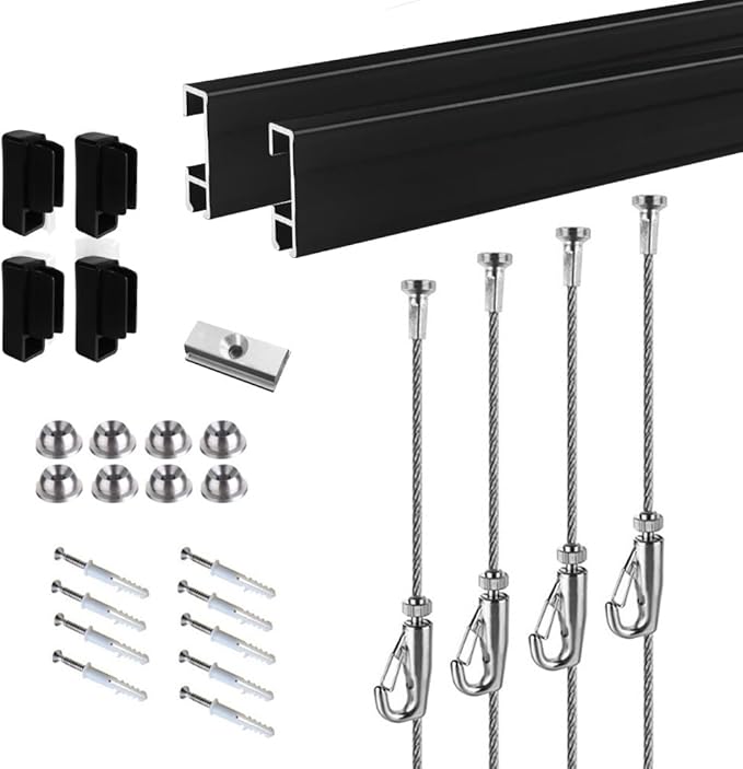 Picture Hanging Systems, for Art Galleries, Home, Two 48inch Rails, Click Rail Kits (2 Black Rails 4 Steel Cables & 4 Hooks)