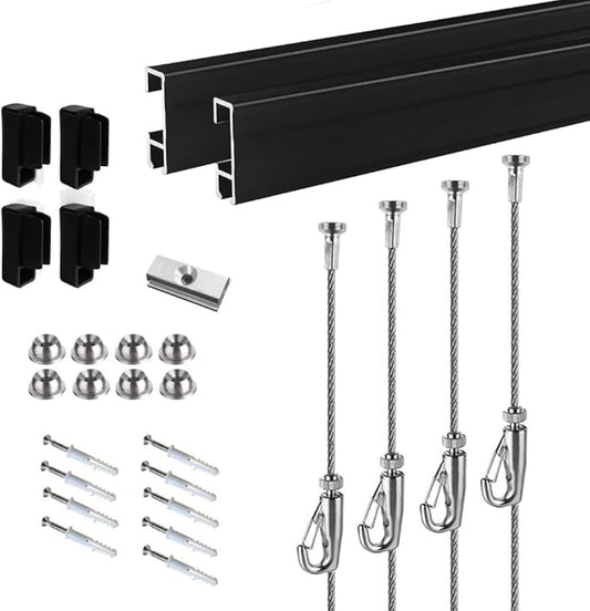 Picture Hanging Systems, for Art Galleries, Home, Two 48inch Rails, Click Rail Kits (2 Black Rails 4 Steel Cables & 4 Hooks)