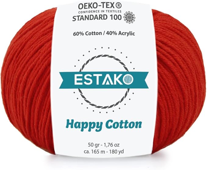 Estako Happy Cotton, 60% Cotton 40% Acrylic Yarn, Soft, Fine/Sport (2) for Crochet and Knitting 1.76 Oz (50g) / 180 Yrds (165m) (4510 - Red)