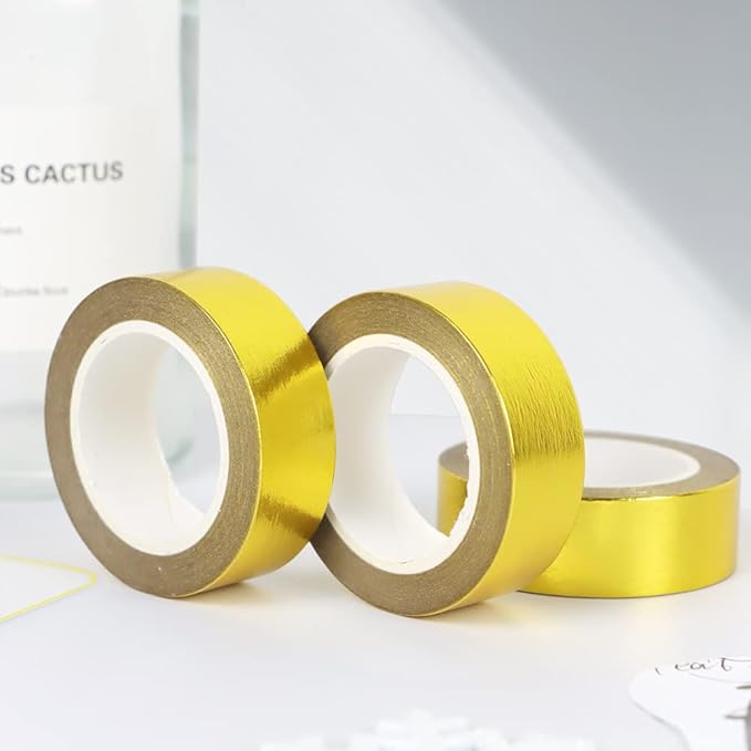 6 Rolls Solid Yellow Gold Foil Washi Tape Set 15mm x 10m Length Gilding Stamping Paper Adhesive Masking Tapes Sticky Paper Tape for DIY Scrapbooking Bullet Crafts Art Journal Home Decoration