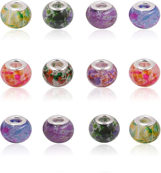 AIPRIDY 100Pcs 15x11mm Painting Murano Large Hole Glass Beads Mix Color with Silver Brass Cores European Charm fit Bracelet Necklace (Opaque Double Color)