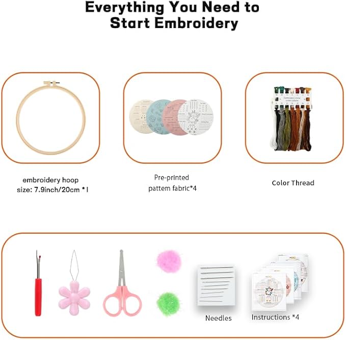 JOINRUN 4 Pack Beginner Embroidery Kit for Adults, Learn Stitches with Pre-Stamped Patterns, Step-by-Step Guide & Video, 7.8" Hoop, Threads & Needles, DIY Needlework Craft Gift for Women