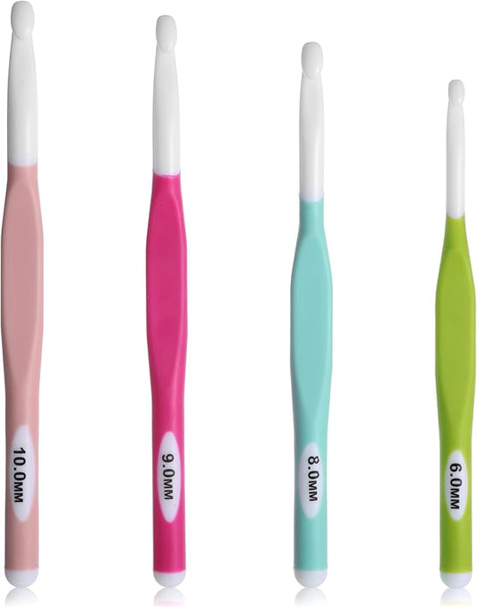 Yuomeaz 4Pcs Crochet Hooks, 6/8/9/10mm Crochet Hook Set, Ergonomic Rubber Handle Crochets Knitting Needles for DIY Craft, Beginners, Women, Adults