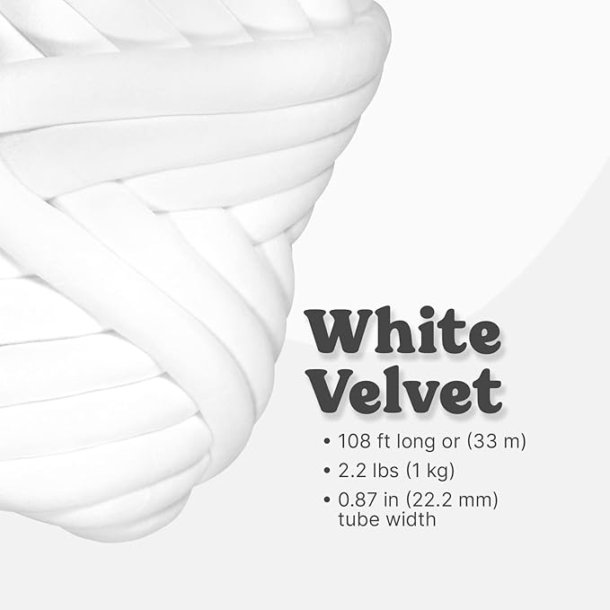 Ultra Soft 2.2 LBS (1kg) Chunky Yarn for Hand Knitting, Lush Velvet Fabric Tube Yarn to Make Handbags, Pillows, Blankets, Crafts (White)