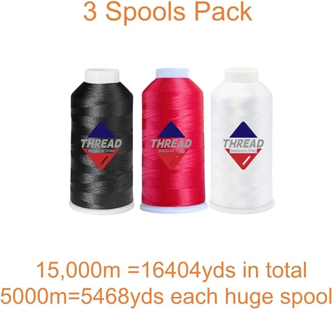 Sissewpro 40WT Machine Embroidery Thread 3 Big Spool (5,000M Each 15,000M Total) – White Black Red Polyester Embroidery Machine Thread 120D/2 for Commercial & Home Embroidery Machines