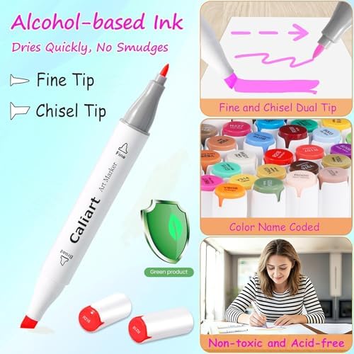 Caliart Art Markers, 41 Colors Alcohol Based Markers Pen Set Colored Dual Tip Fine & Chisel Permanent for Adults Coloring Book Drawing Illustration Sketch Highlighters Card Making
