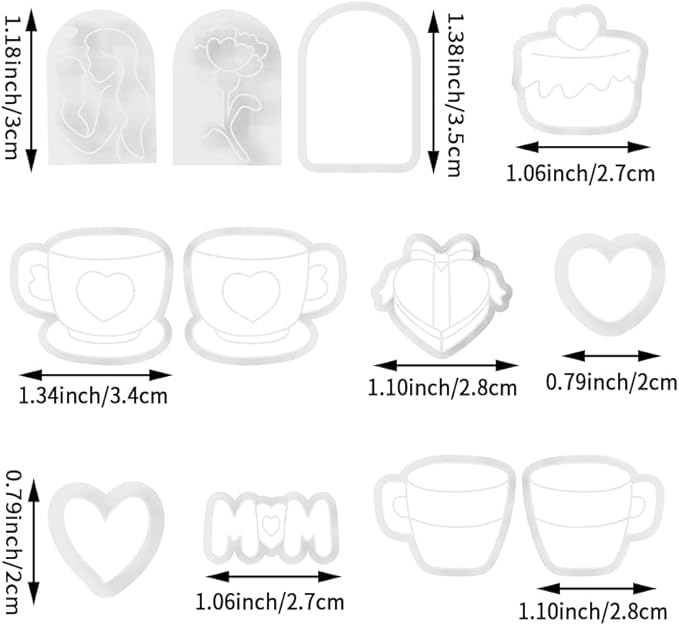 Mother’s Day Polymer Clay Cutters & Stamps Set - 12pcs Sharp & Durable Tea Cup, Cake, Heart, MOM & Silhouette Shapes for DIY Earring Jewelry Making, Soft Clay Crafts & Holiday Supplies