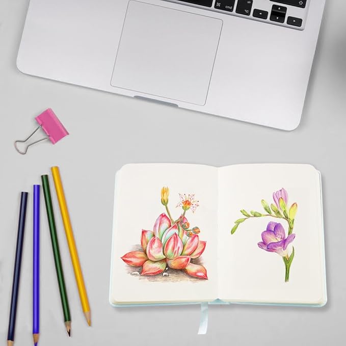 Small Blank Notebook, 96Pages, Hardcover Sketch Book for Drawing, 5.7x4.1 Pocket Journal Notebook for Travel, 180gsm Thick Paper Diary Notebooks for Work, Leather Cover Memo for Writing. Light Blue