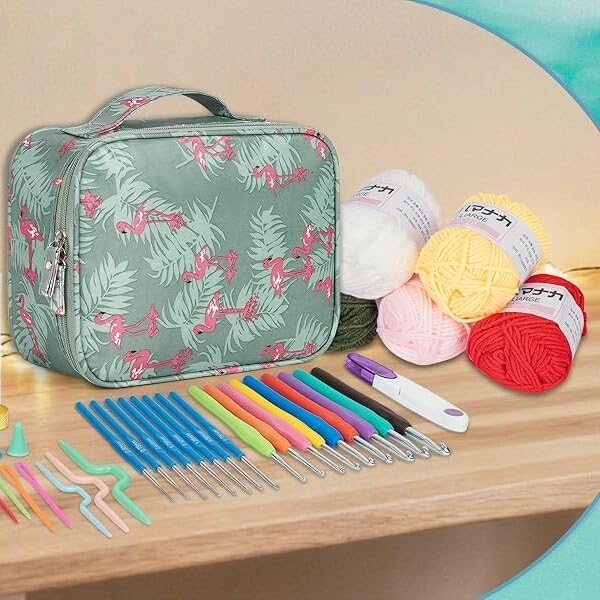 GMAK Crochet Kit for Beginners Adults, 59 PCS Crocheting Sets Include Yarn, Hooks and Tools, Portable Crochet Starter Kit for Making Variety Projects Crocheting Supplies, Blue Flamingo