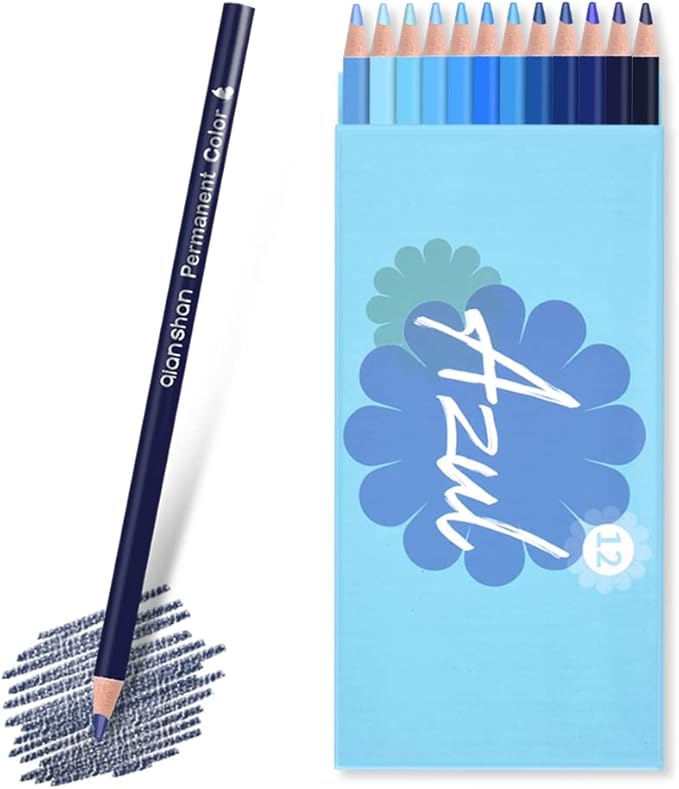 qianshan 12 Blue Colored Pencils Oil Based Pre-sharpened Wooden Colored Pencil Set for Adults Coloring Books Drawing Sketching Art Supplies, No Duplicates