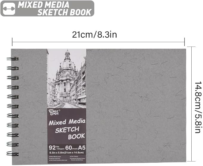 5.8" x 8.3" Mixed Media Sketch Book,Spiral Bound Hardcover Sketchbook,60 Sheets 92lb/150gsm Neutral White Acid Free Paper,Art Journal Sketchbook for Drawing Writing Sketching Illustration,Silver Gray