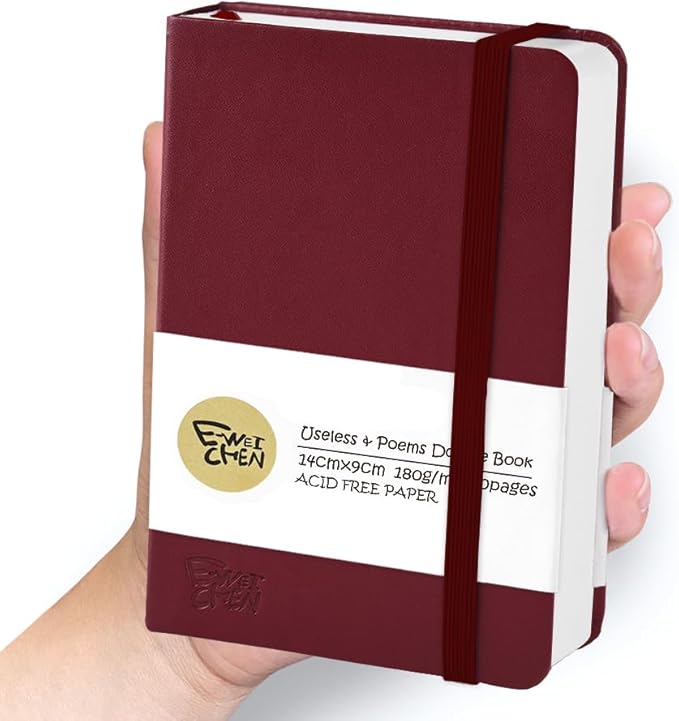 Mix Media Pad,3.5"x5.5" Small Hardcover Leather Art Sketchbook,60 Sheets(112lb/180gsm) Heavyweight Acid Free Artistic Painting Drawing Sketching Paper, Handy Pocket Journal Sketchbook.Wine Red