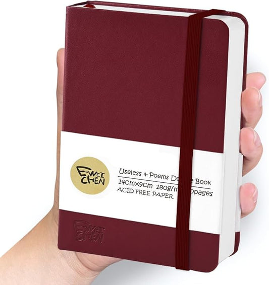 Mix Media Pad,3.5"x5.5" Small Hardcover Leather Art Sketchbook,60 Sheets(112lb/180gsm) Heavyweight Acid Free Artistic Painting Drawing Sketching Paper, Handy Pocket Journal Sketchbook.Wine Red