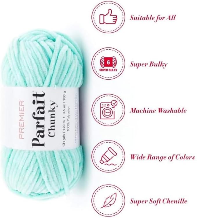 Premier Yarns Parfait Chunky Chenille Yarn 3.5 Oz 6 Super Bulky Weight 3 Pack Bundle with Bella's Stitch Place Holders (Seaglass)