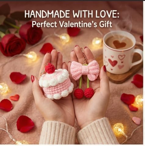 HOUSE CREATIVITY Crochet Keychain Kit for Beginners – Make 2 Cute Cake & Bow Charms, Amigurumi Crochet Starter Kit with Video Tutorial, Yarn & Keyring, DIY Bag Charm Gift