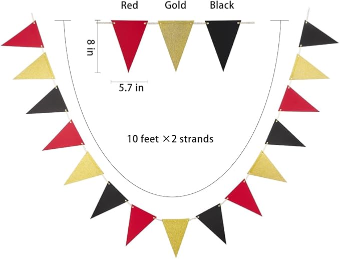 MOWO Gold Black and Red Pennant Banner Paper Bunting Hanging Decoration for Birthday Graduation Retirement New Year's Valentine's Day Party, Pack of 30 Counts Pennant, 20 feet