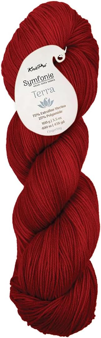 KnitPro Symfonie Fingering Weight Hand Dyed Semi-Solid Yarn Skein | Extra Fine Merino Wool & Polyamide Blend for Knitting & Crocheting, Oeko-TEX Certified 400m, 100g | Terra Red Rose