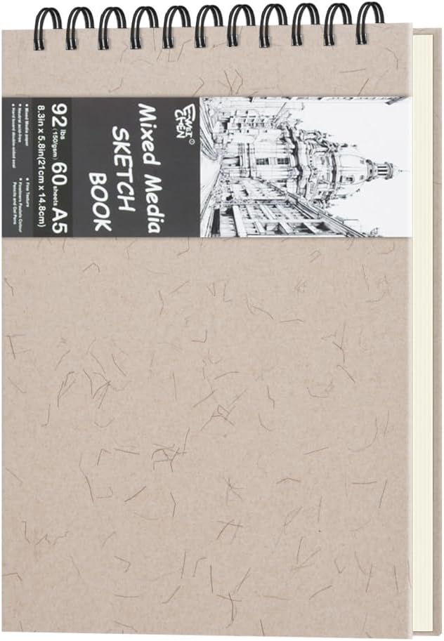 8.3" x 5.8" Hardcover Sketchbook, Top Spiral Bound Art Journal Sketchbook, 60 Sheets 92LB/150 GSM Acid-Free Drawing Neutral White Mixed Media Paper for Adults Beginners Artists.Beige