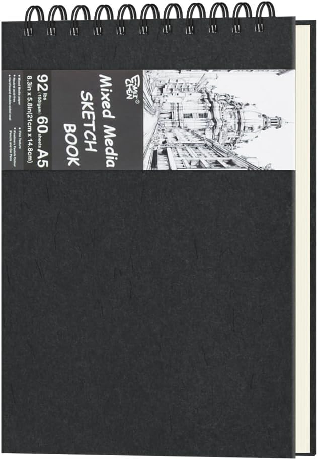 8.3" x 5.8" Hardcover Sketchbook, Top Spiral Bound Art Journal Sketchbook, 60 Sheets 92LB/150 GSM Acid-Free Drawing Neutral White Mixed Media Paper for Adults Beginners Artists.Black