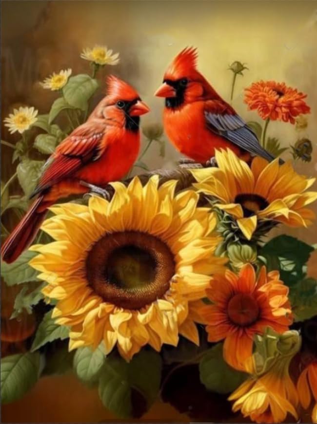 Mrnsiet Diamond Painting for Adults Kits, 5D Cardinal Diamond Art Kits for Beginners, DIY Full Drill Sunflowers Diamond Gem Art Kits for Home Wall Decor 12x16 Inch