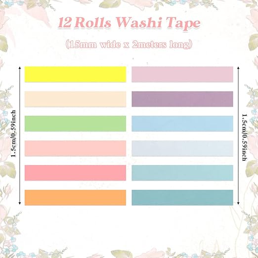 Washi Tape Set 12 Rolls Multicolor Washi Tape Self-Adhesive Scrapbook Paper Tape Rainbow Colored Tape Decorative Tape for Scrapbook Journal DIY Craft Scrapbooking Journal Supplies Gift Wrapping