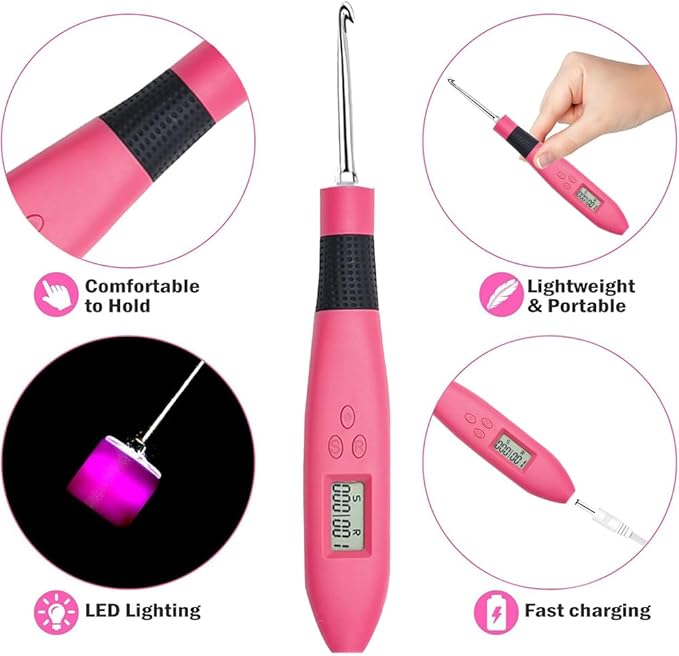 Light Up Crochet Hooks Set-Crochet Hooks Set Digital with 24 Interchangeable Crochet Kit,Lighted Crochet Hooks with 2 Levels Led,Beginner Knitting Kit for Stitch & Row Counter