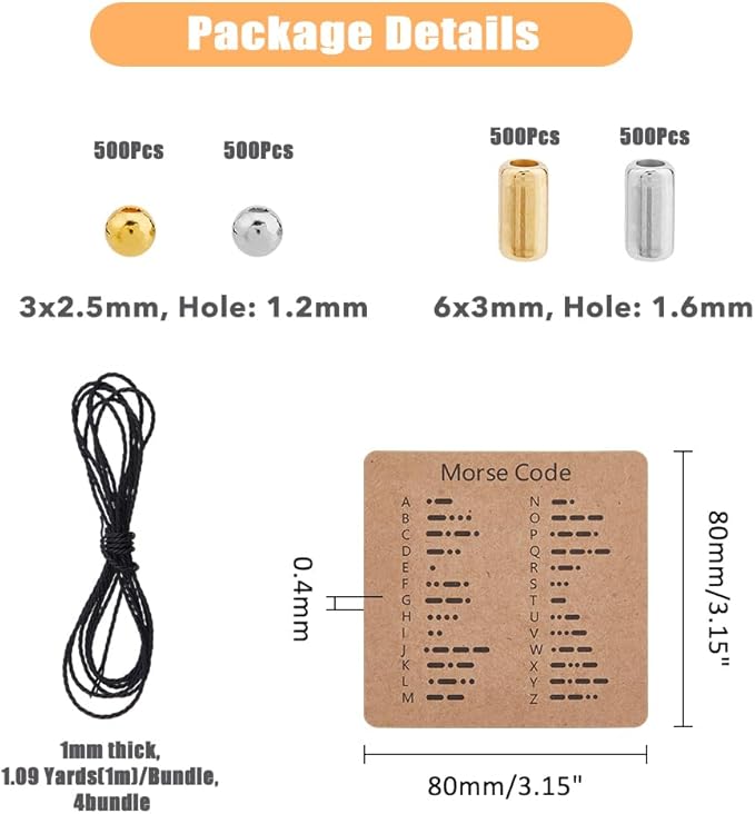 DICOSMETIC 2016Pcs DIY Morse Code Bracelet Bead Kit 4 Styles 2000Pcs Plastic Bead Bulk 4.36 Yards Waxed Cotton Cord 16Pcs Code Decoding Card Adjustable Braided Bracelets Necklaces Kit for Adult