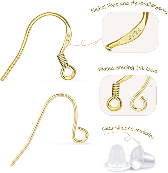 14k gold earring hooks hypoallergenic 200pcs ear wires + fish hooks jewelry making supplies findings nickel-free with 200pcs clear rubber earring backs for diy jewelry