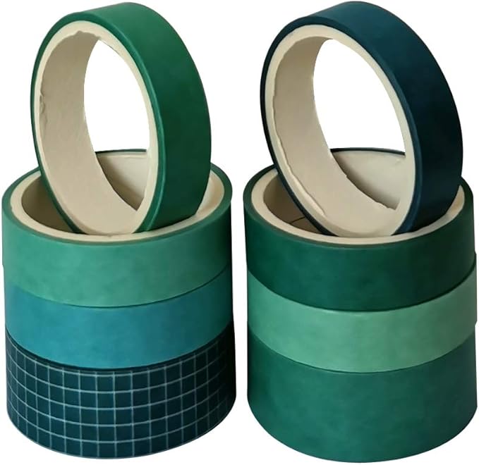 ZDOLAKIDS 8 Rolls Washi Tape Set Basic Green Solid Color Adhesive DIY Label Masking Tapes for Scrapbooking Journaling Planner Letter Envelope Paper Work Art Craft Decoration