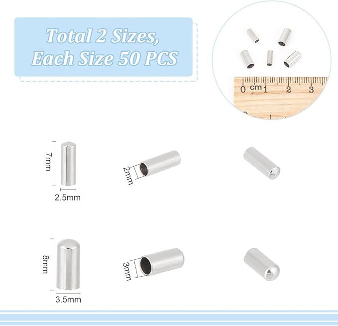 UNICRAFTALE 100pcs 2 Sizes Column Cord Ends Stainless Steel End Caps 2mm/3mm Column Leather Cord Ends Cord Terminators End Caps for DIY Jewelry Making, Stainless Steel Color