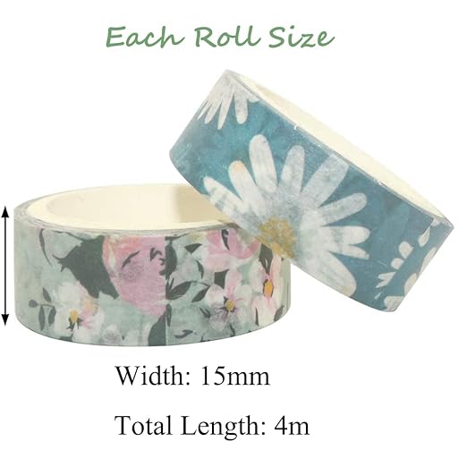 Spring Flower Washi Tape Set 10 Rolls - 15 mm Floral Decorative Tape for Bullet Journal, Planner, DIY Arts Crafts, Scrapbooking, Holiday Decoration