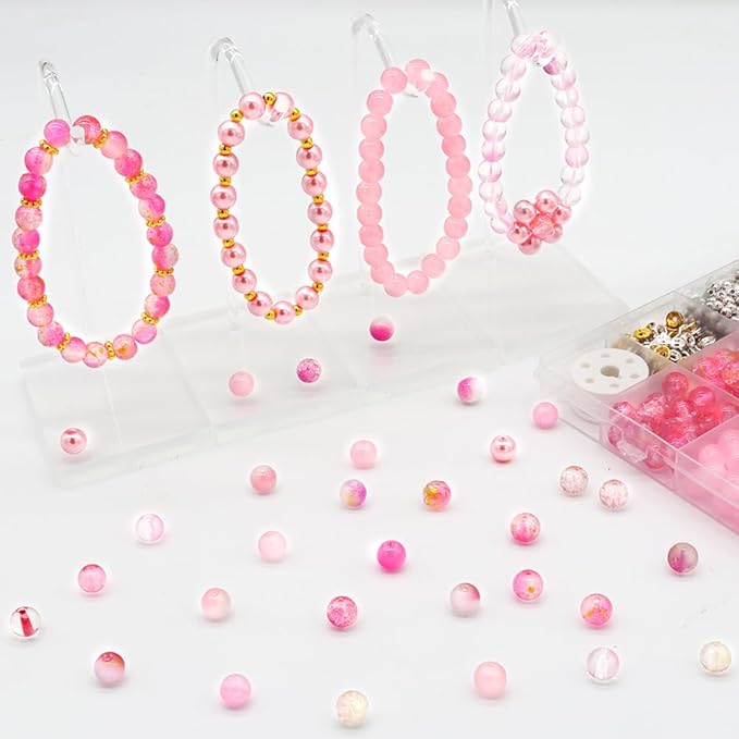 DIPSEOI 8mm Glass Beads for Bracelet Kit - 900 Pcs Jewelry Making Kits Bead DIY with Spacer Charms (Pink Series)