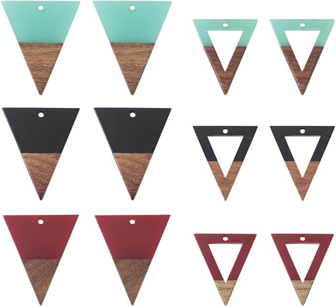 Beadthoven 12pcs/6 Pairs Natural Wood Resin Triangle Charms DIY Earrings Pendants Mixed Colors Hollow Triangle Wooden Pieces Pendants for Statement Jewelry Making Findings